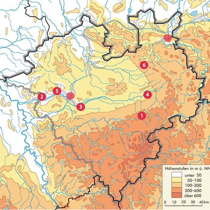 Westfalenkarte mit Standorten der in der roten Reihe veröffentlichten Römerlager (Altertumskommission).