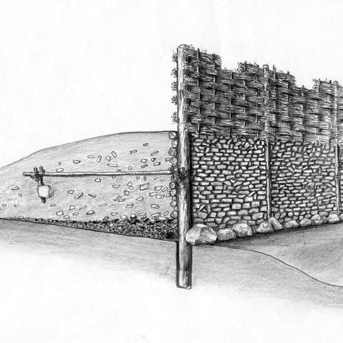 Rekonstruktionszeichnung der Holz-Erde-Mauer der Hünneburg bei Bielefeld (B. Kleiber, Bielefeld).
