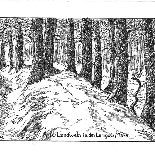 Federzeichnung der Lemgoer Landwehr von Karl Meier-Lamgo von 1952 (Stadtarchiv Lemgo, Nachlass Karl Meier-Lemgo).