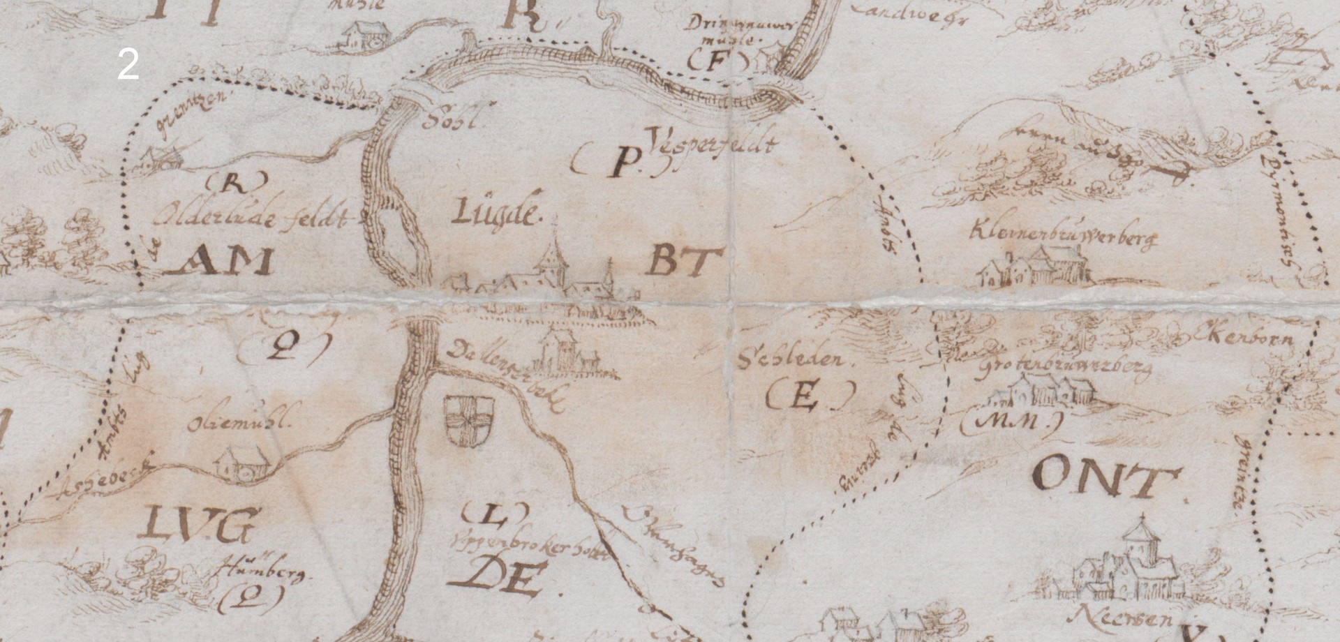 Karte des Amtes Lügde und seiner Grenzen, vermutl. 16. Jh. (Landesarchiv NRW, Abt. Westfalen, Karte A 8793).