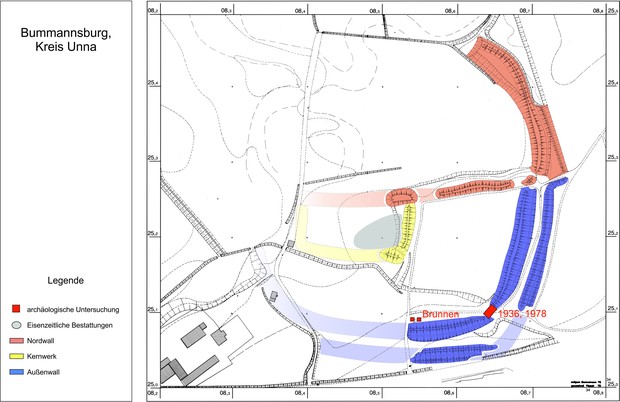 Plan der Bumannsburg mit rekonstruierten Wällen (LWL-Archäologie für Westfalen bzw. Altertumskommission/Menne).
